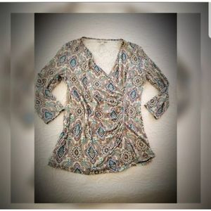 Ruched stretch shirt blouse faux wrap print